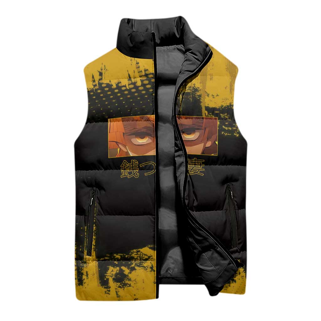 Zenitsu Agatsuma Demon Slayer Yellow Grunge Design Sleeveless Puffer Jacket with Lightning Eyes and Bold Pose - The Mazicc