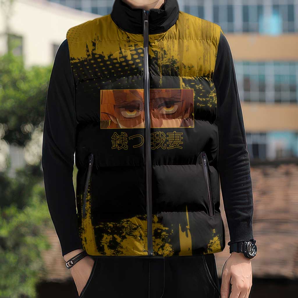 Zenitsu Agatsuma Demon Slayer Yellow Grunge Design Sleeveless Puffer Jacket with Lightning Eyes and Bold Pose - The Mazicc