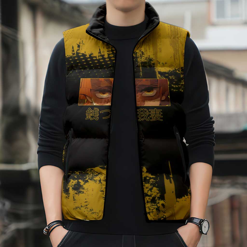 Zenitsu Agatsuma Demon Slayer Yellow Grunge Design Sleeveless Puffer Jacket with Lightning Eyes and Bold Pose - The Mazicc