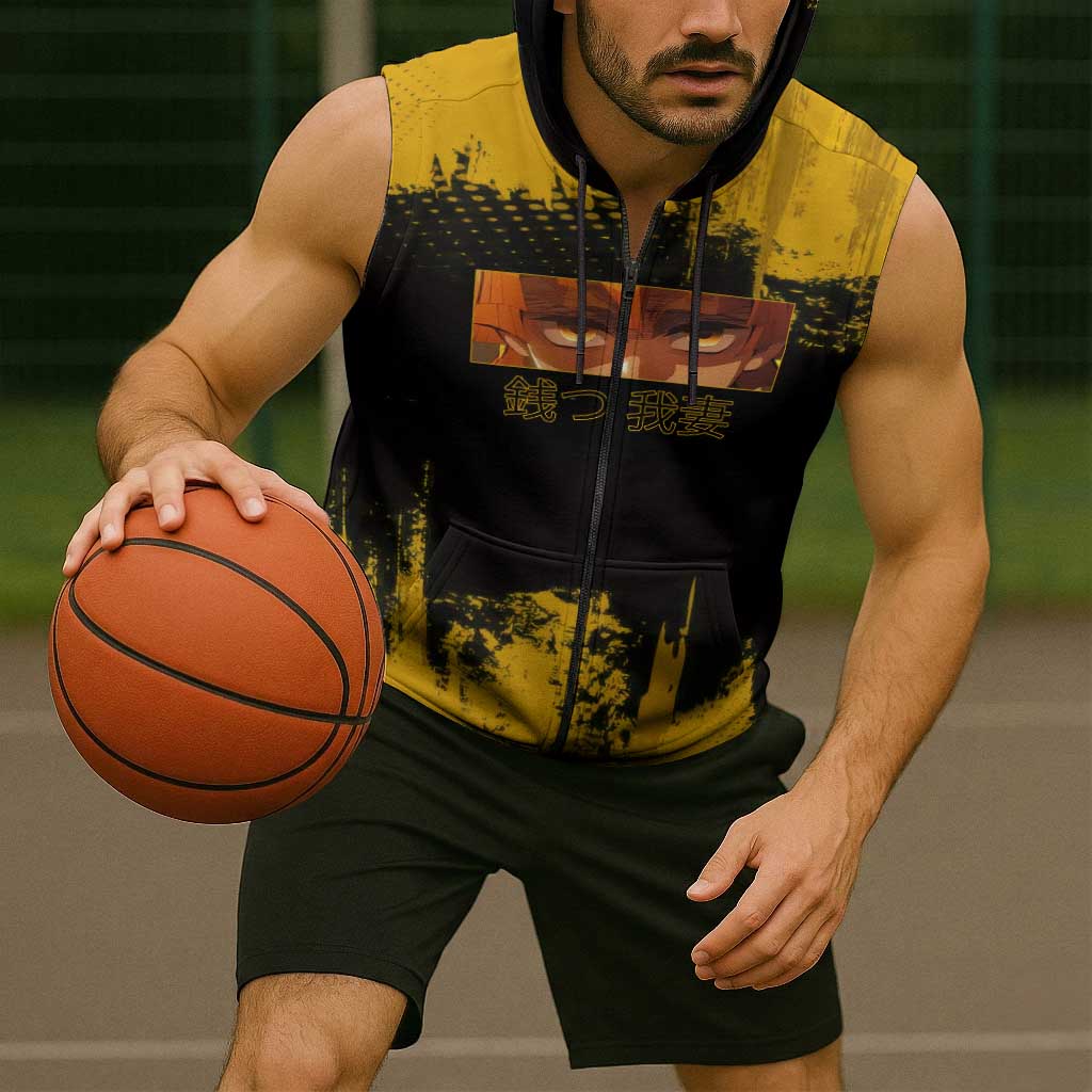 Zenitsu Agatsuma Demon Slayer Yellow Grunge Design Sleeveless Zip Hoodie with Lightning Eyes and Bold Pose - The Mazicc