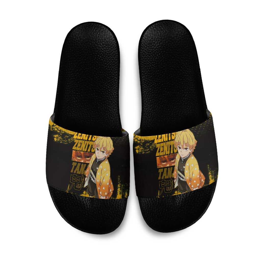 Zenitsu Agatsuma Demon Slayer Yellow Grunge Design Slide Sandals with Lightning Eyes and Bold Pose - The Mazicc