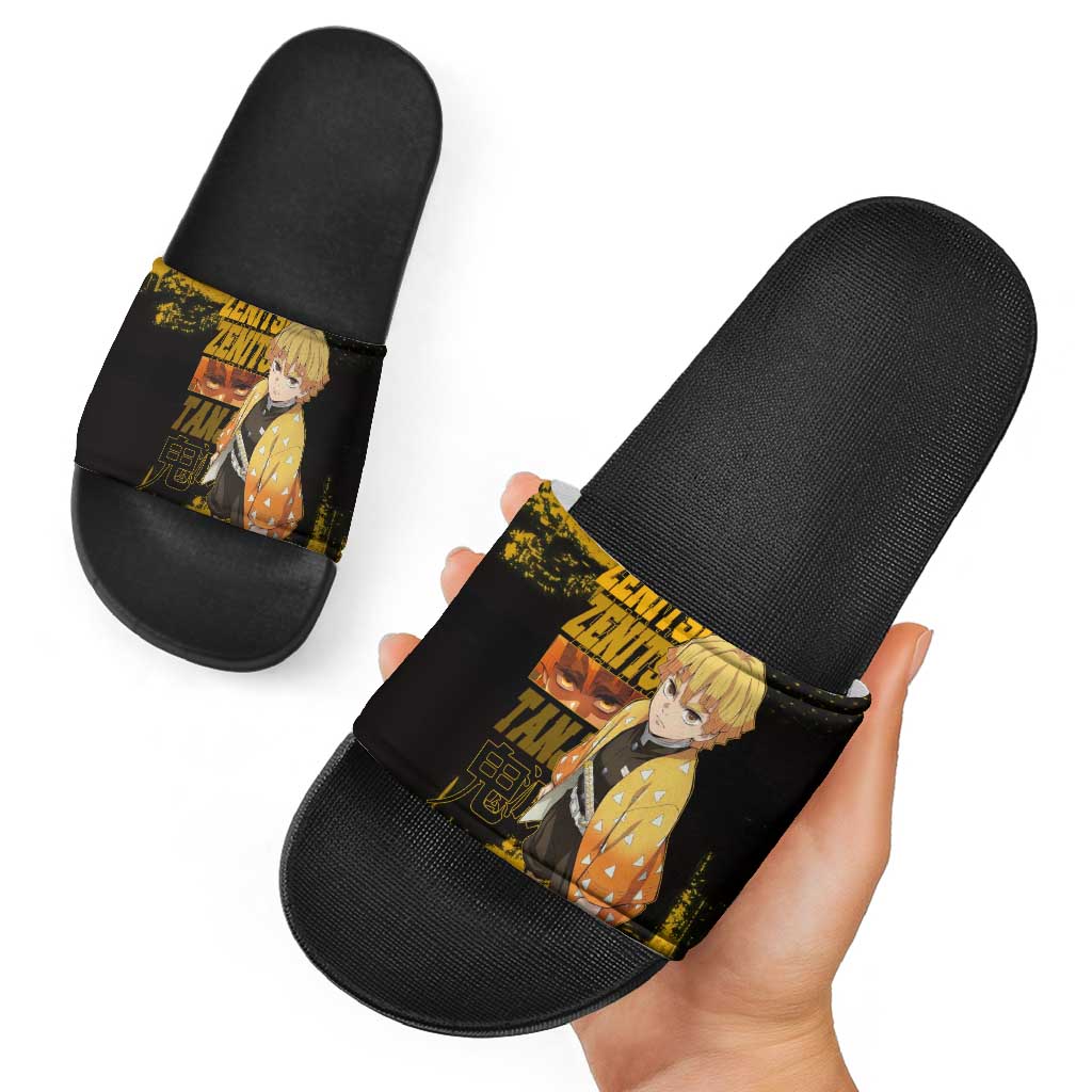 Zenitsu Agatsuma Demon Slayer Yellow Grunge Design Slide Sandals with Lightning Eyes and Bold Pose - The Mazicc