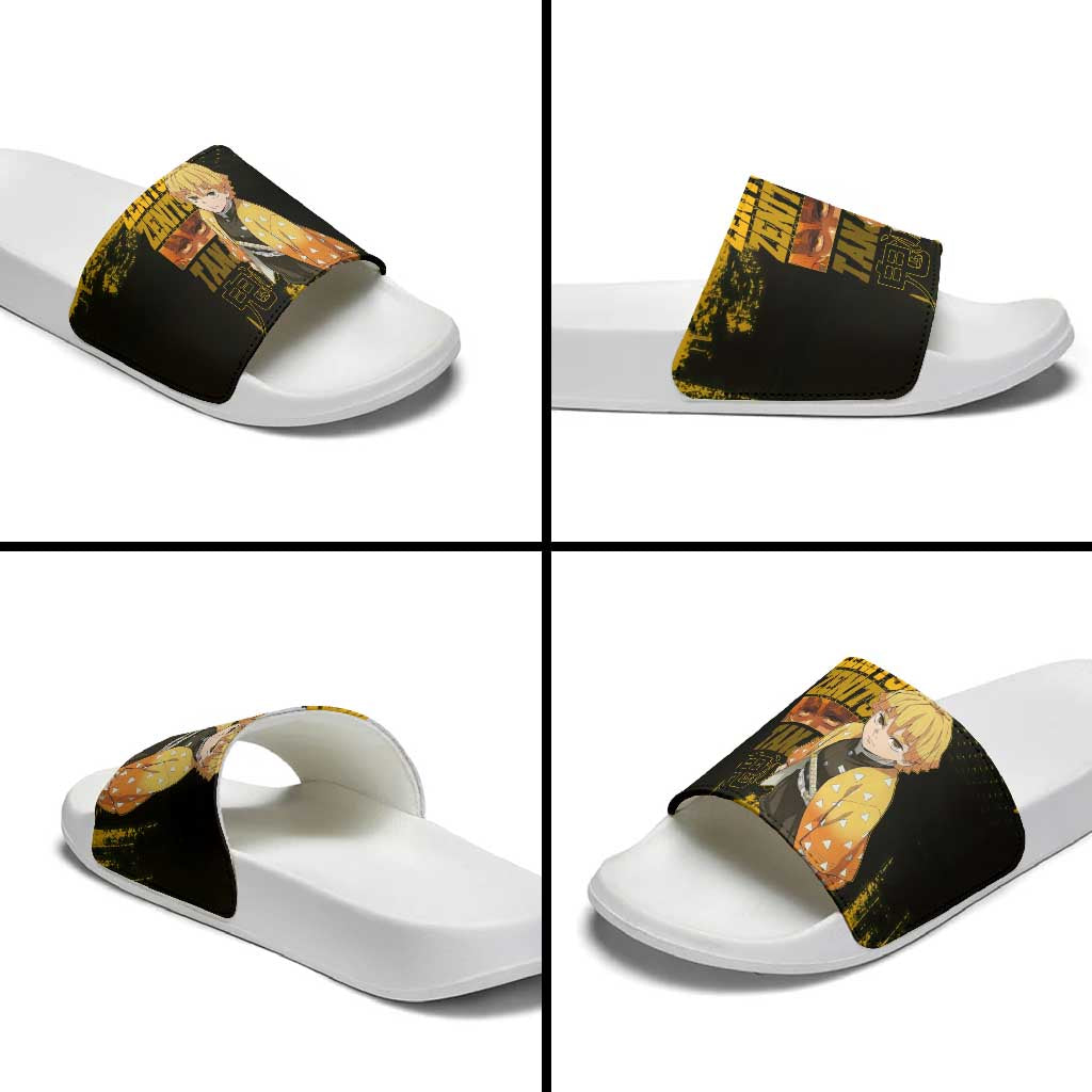 Zenitsu Agatsuma Demon Slayer Yellow Grunge Design Slide Sandals with Lightning Eyes and Bold Pose - The Mazicc