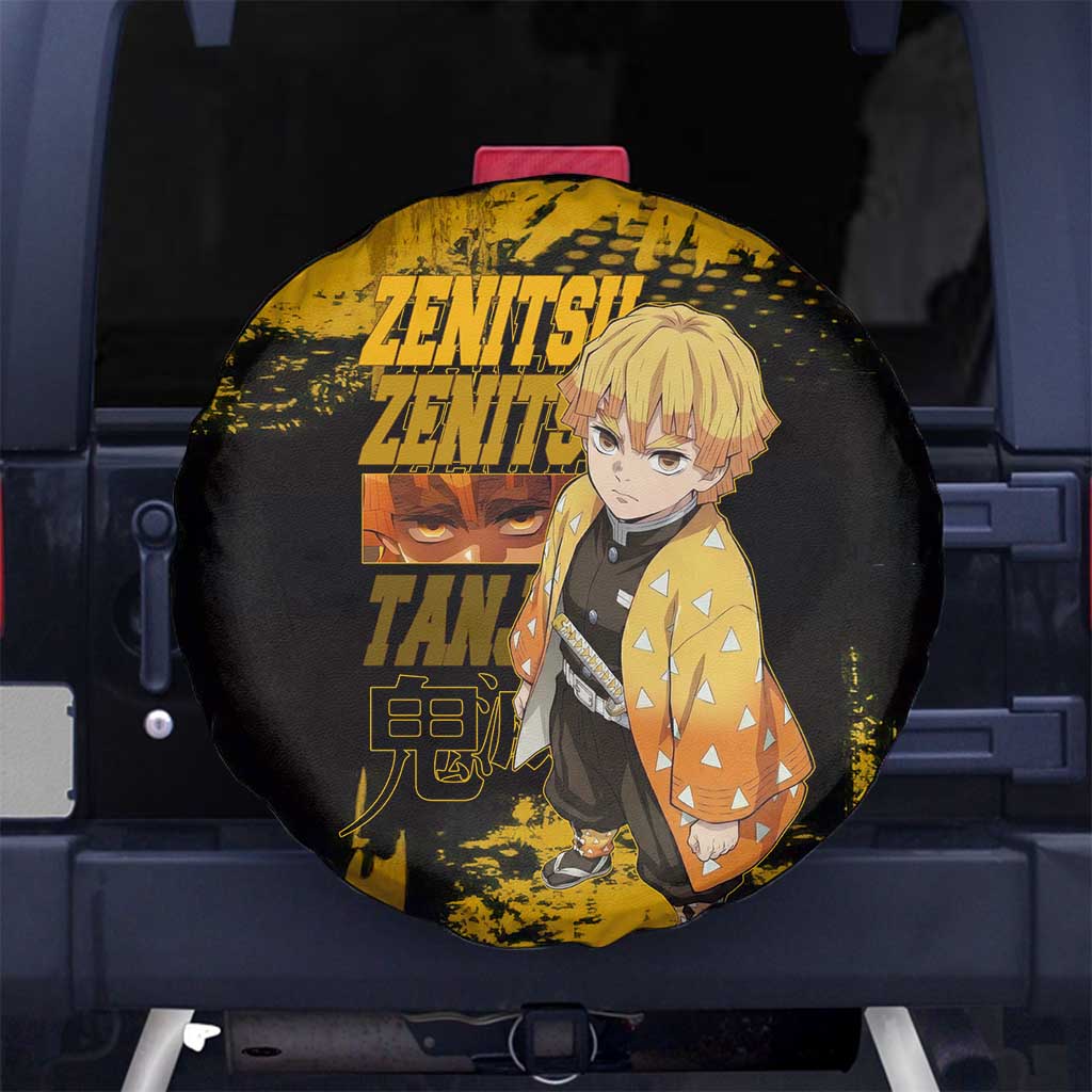Zenitsu Agatsuma Demon Slayer Yellow Grunge Design Spare Tire Cover with Lightning Eyes and Bold Pose - The Mazicc