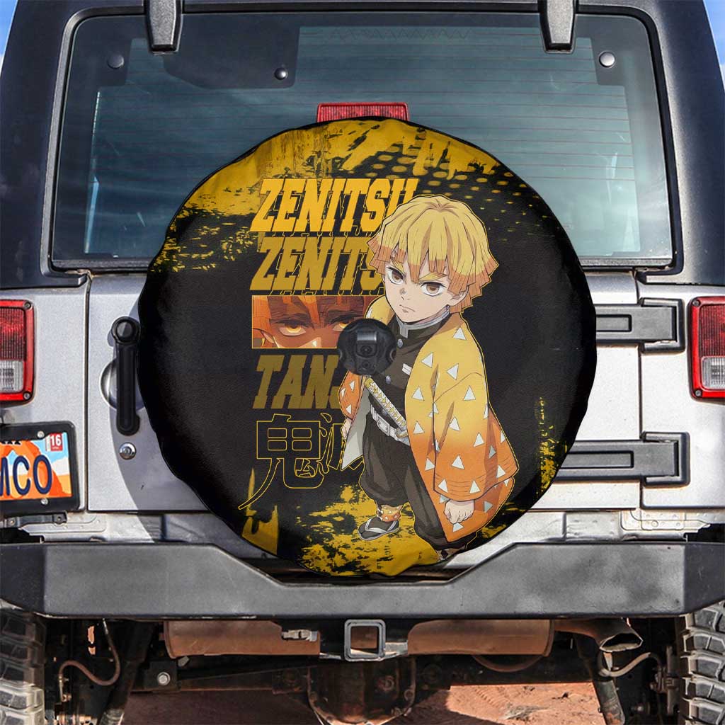 Zenitsu Agatsuma Demon Slayer Yellow Grunge Design Spare Tire Cover with Lightning Eyes and Bold Pose - The Mazicc