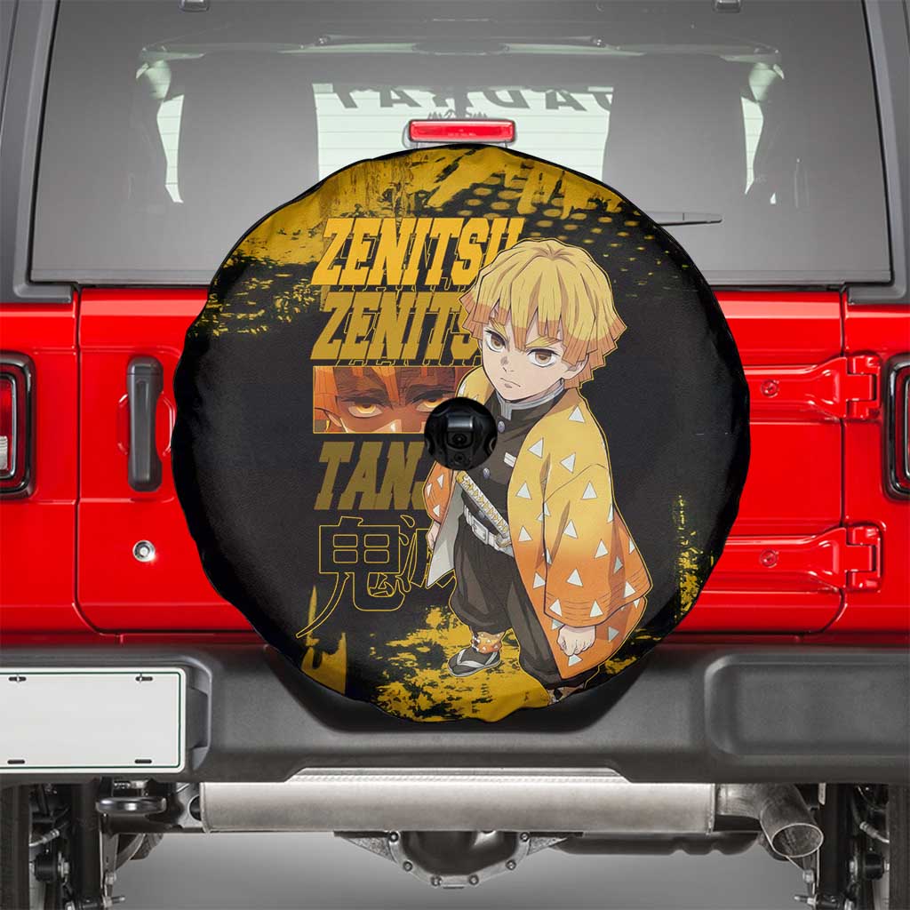 Zenitsu Agatsuma Demon Slayer Yellow Grunge Design Spare Tire Cover with Lightning Eyes and Bold Pose - The Mazicc