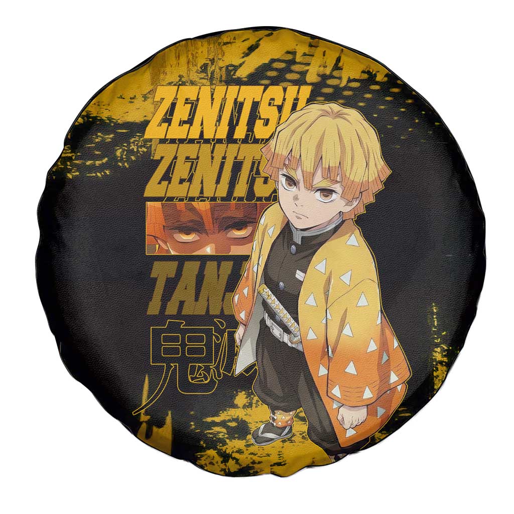 Zenitsu Agatsuma Demon Slayer Yellow Grunge Design Spare Tire Cover with Lightning Eyes and Bold Pose - The Mazicc