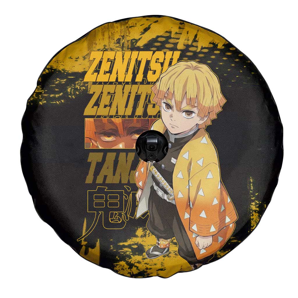 Zenitsu Agatsuma Demon Slayer Yellow Grunge Design Spare Tire Cover with Lightning Eyes and Bold Pose - The Mazicc