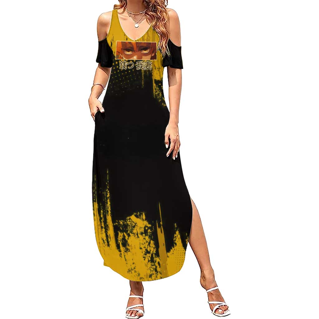 Zenitsu Agatsuma Demon Slayer Yellow Grunge Design Summer Maxi Dress with Lightning Eyes and Bold Pose - The Mazicc