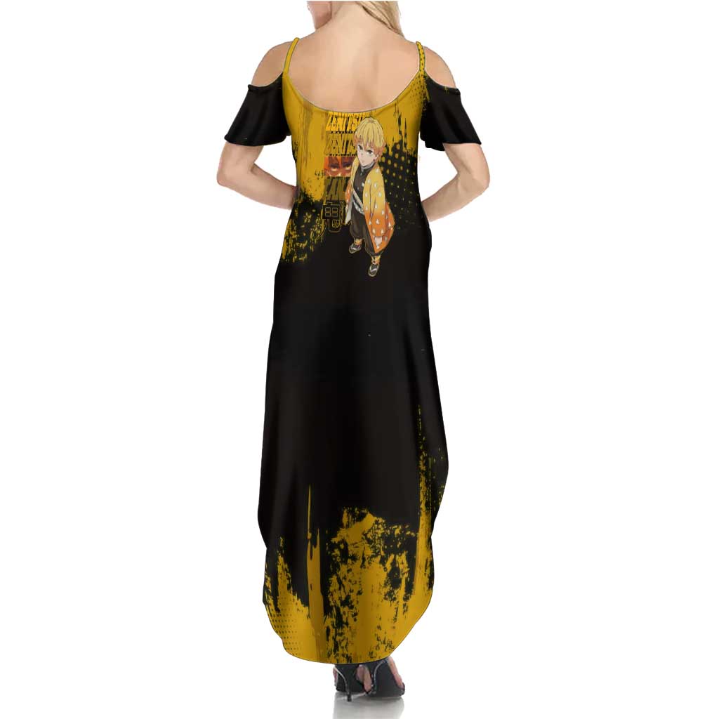 Zenitsu Agatsuma Demon Slayer Yellow Grunge Design Summer Maxi Dress with Lightning Eyes and Bold Pose - The Mazicc