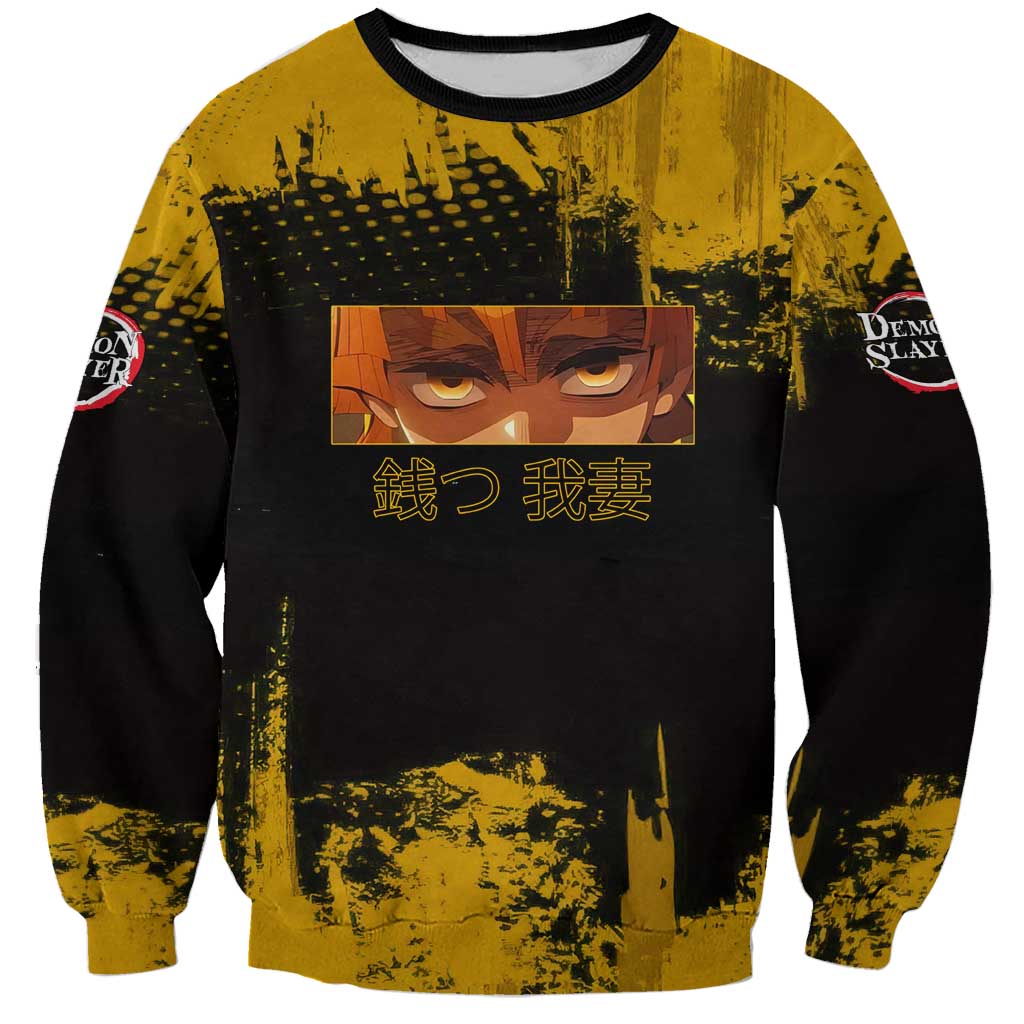 Zenitsu Agatsuma Demon Slayer Yellow Grunge Design Sweatshirt with Lightning Eyes and Bold Pose - The Mazicc