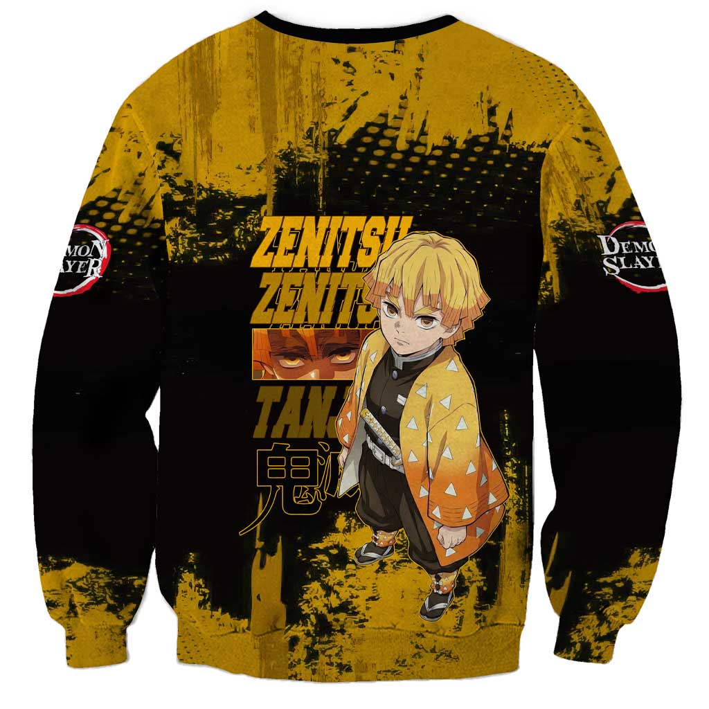 Zenitsu Agatsuma Demon Slayer Yellow Grunge Design Sweatshirt with Lightning Eyes and Bold Pose - The Mazicc