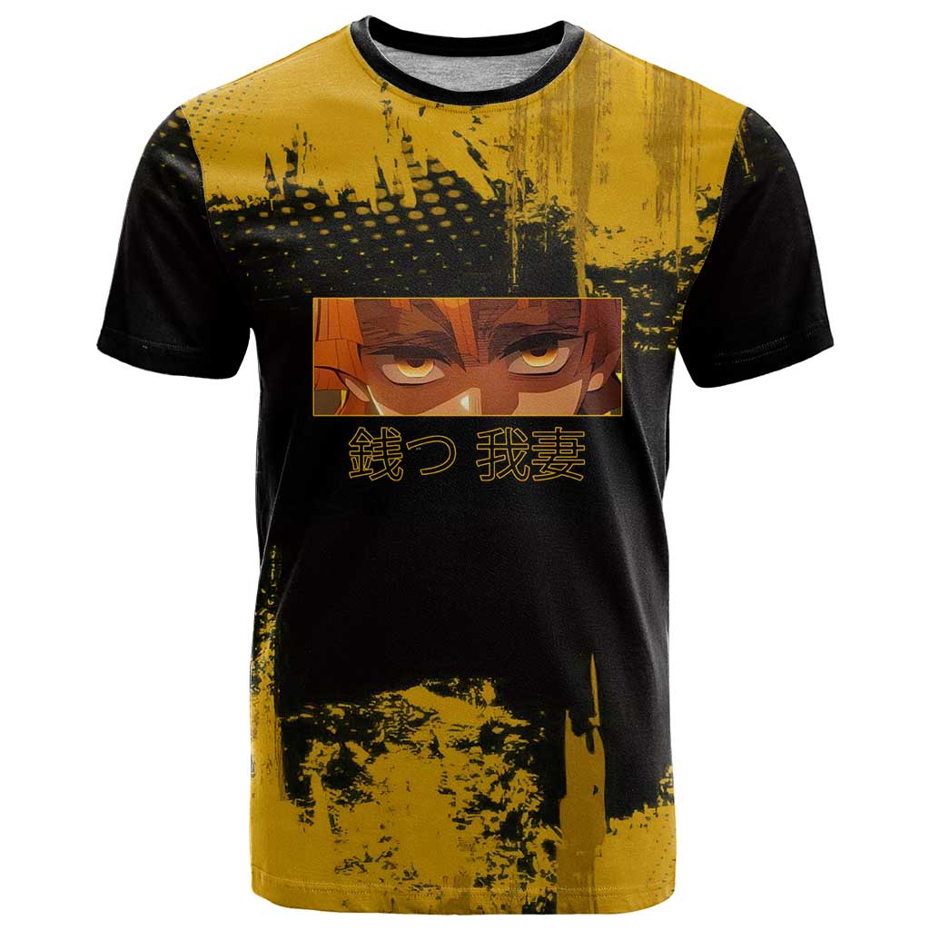Zenitsu Agatsuma Demon Slayer Yellow Grunge Design T Shirt with Lightning Eyes and Bold Pose - The Mazicc