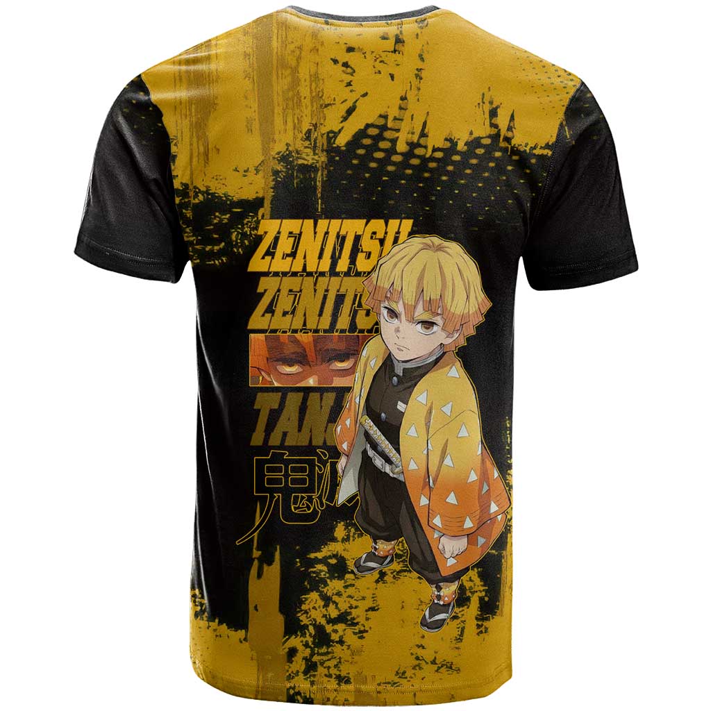 Zenitsu Agatsuma Demon Slayer Yellow Grunge Design T Shirt with Lightning Eyes and Bold Pose - The Mazicc