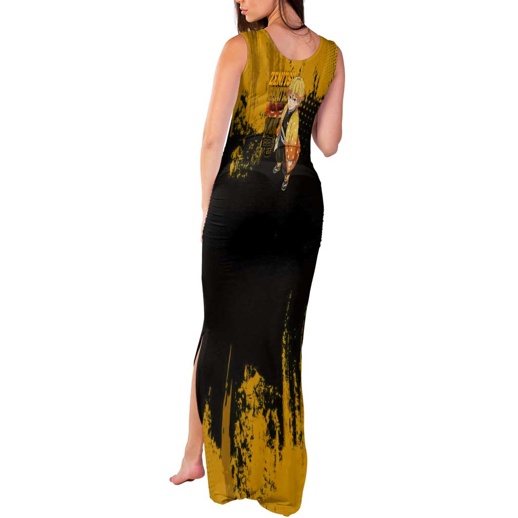 Zenitsu Agatsuma Demon Slayer Yellow Grunge Design Tank Maxi Dress with Lightning Eyes and Bold Pose - The Mazicc