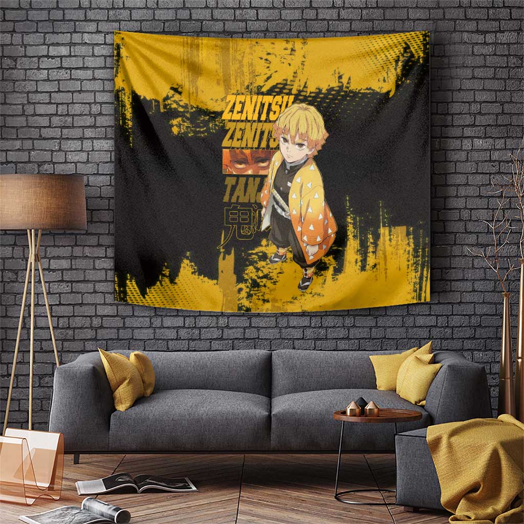 Zenitsu Agatsuma Demon Slayer Yellow Grunge Design Tapestry with Lightning Eyes and Bold Pose - The Mazicc