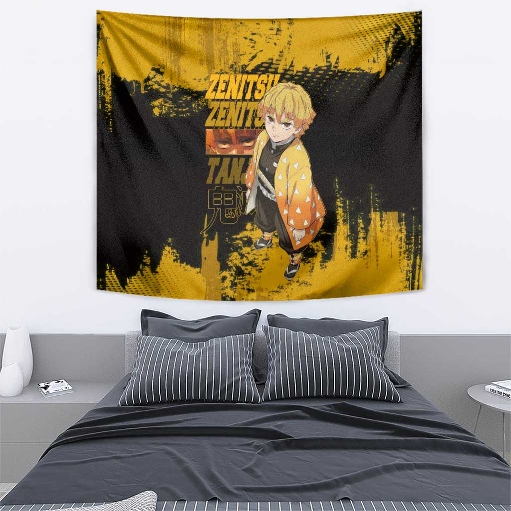 Zenitsu Agatsuma Demon Slayer Yellow Grunge Design Tapestry with Lightning Eyes and Bold Pose - The Mazicc