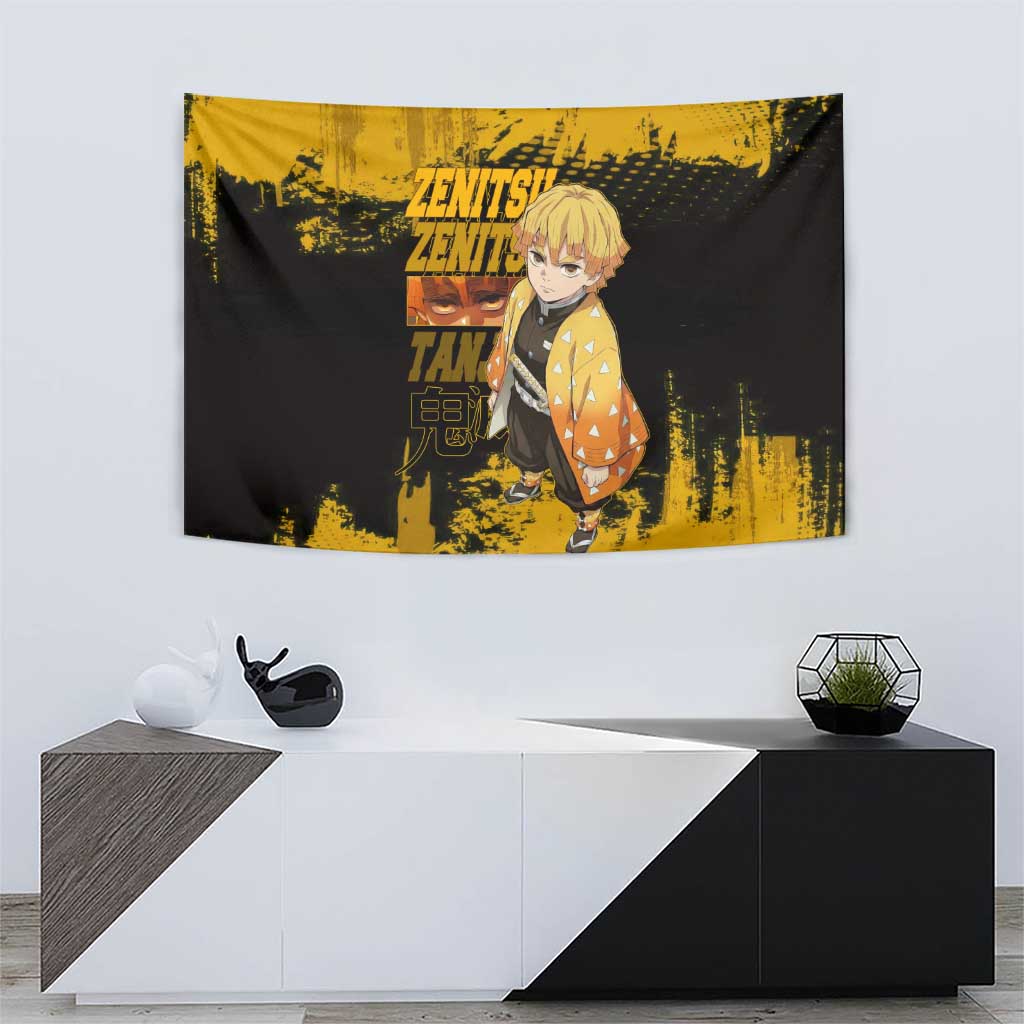 Zenitsu Agatsuma Demon Slayer Yellow Grunge Design Tapestry with Lightning Eyes and Bold Pose - The Mazicc