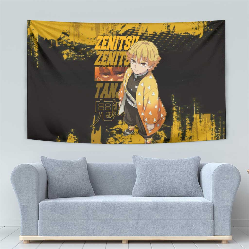 Zenitsu Agatsuma Demon Slayer Yellow Grunge Design Tapestry with Lightning Eyes and Bold Pose - The Mazicc