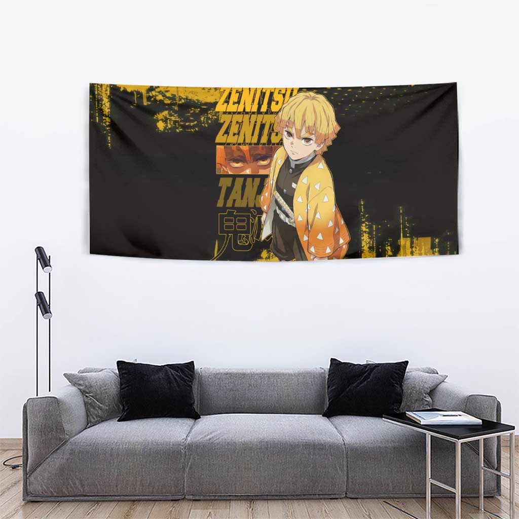 Zenitsu Agatsuma Demon Slayer Yellow Grunge Design Tapestry with Lightning Eyes and Bold Pose - The Mazicc