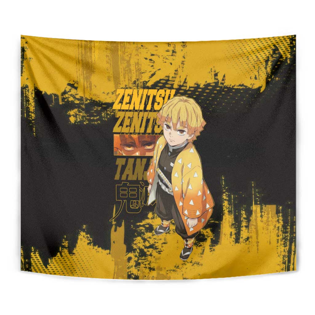 Zenitsu Agatsuma Demon Slayer Yellow Grunge Design Tapestry with Lightning Eyes and Bold Pose - The Mazicc