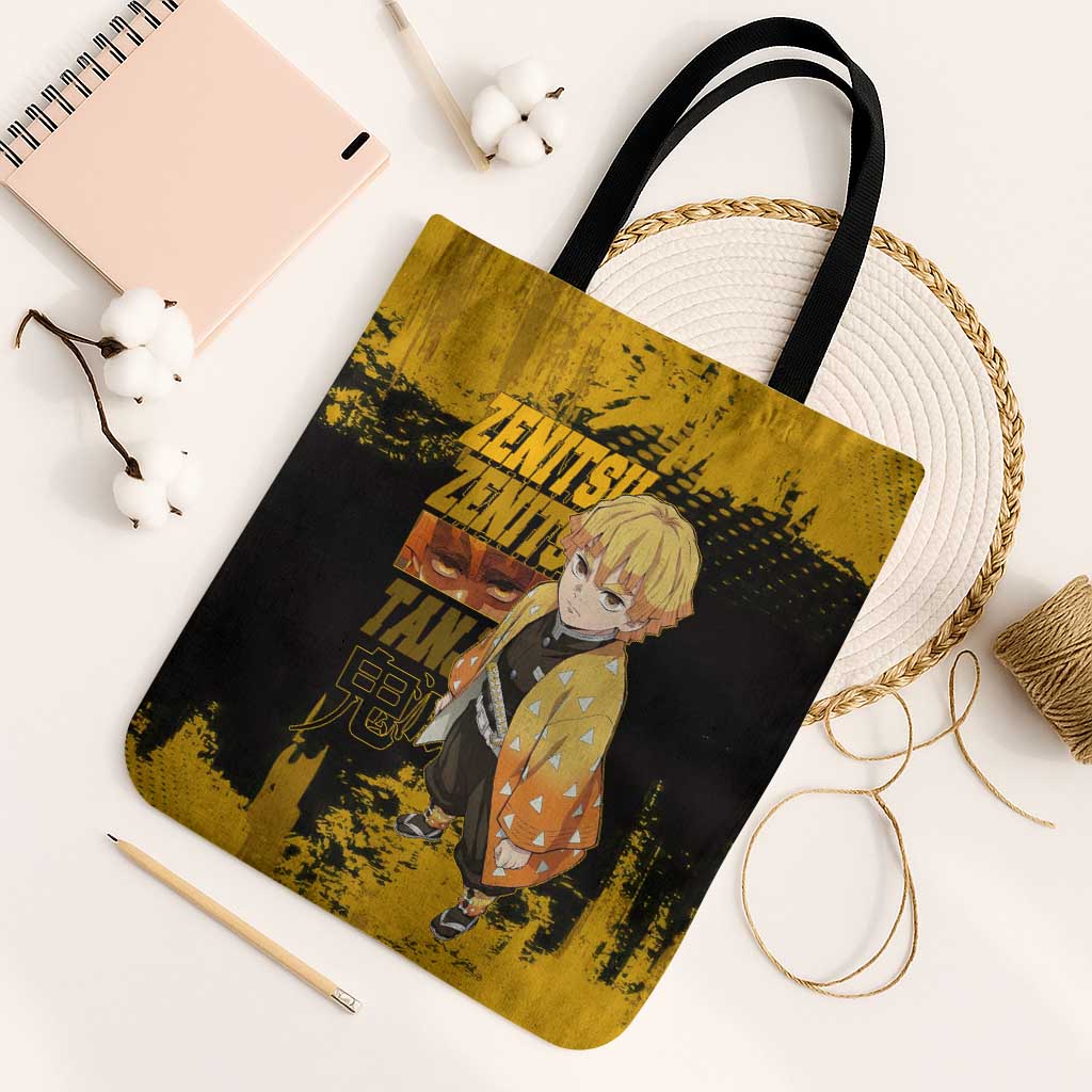 Zenitsu Agatsuma Demon Slayer Yellow Grunge Design Tote Bag with Lightning Eyes and Bold Pose - The Mazicc