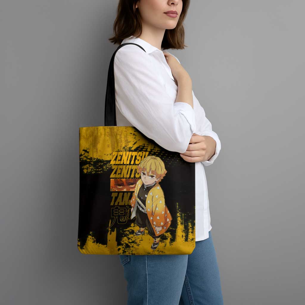 Zenitsu Agatsuma Demon Slayer Yellow Grunge Design Tote Bag with Lightning Eyes and Bold Pose - The Mazicc