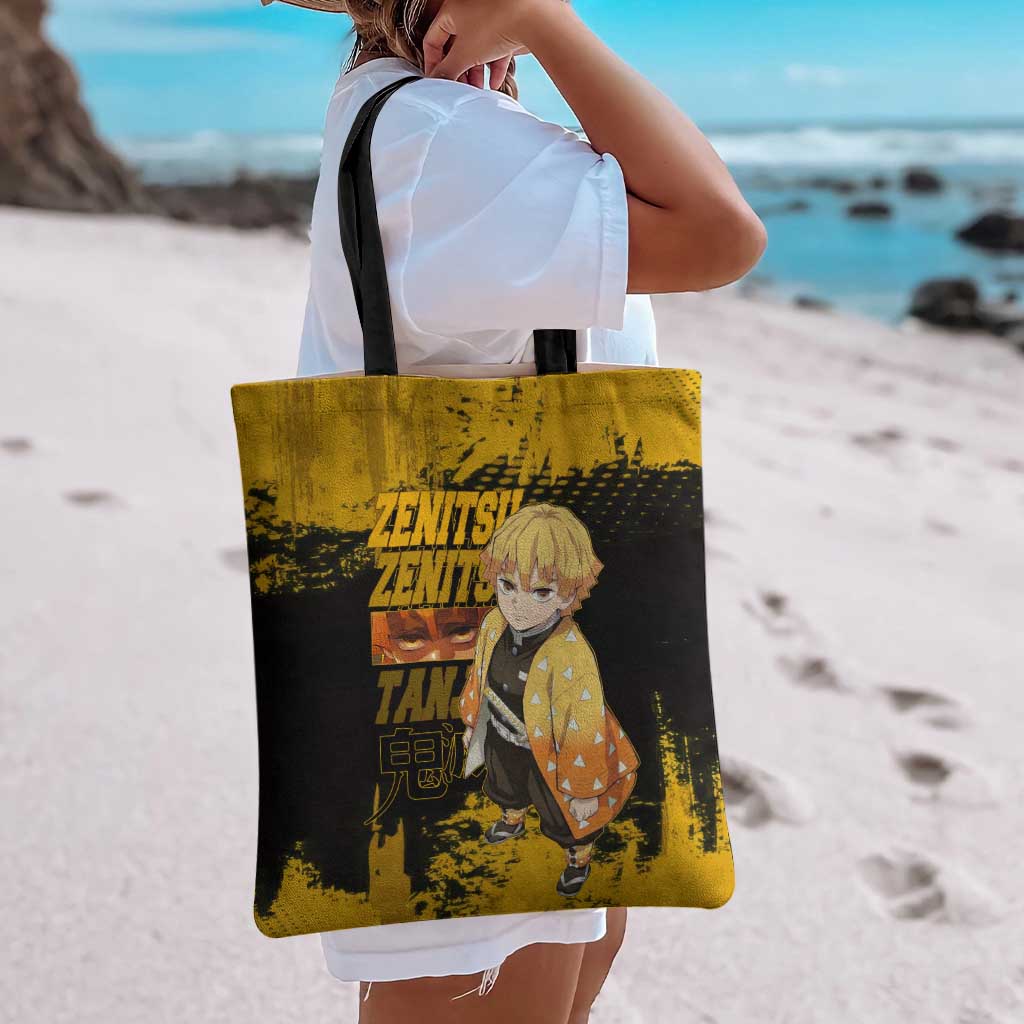 Zenitsu Agatsuma Demon Slayer Yellow Grunge Design Tote Bag with Lightning Eyes and Bold Pose - The Mazicc