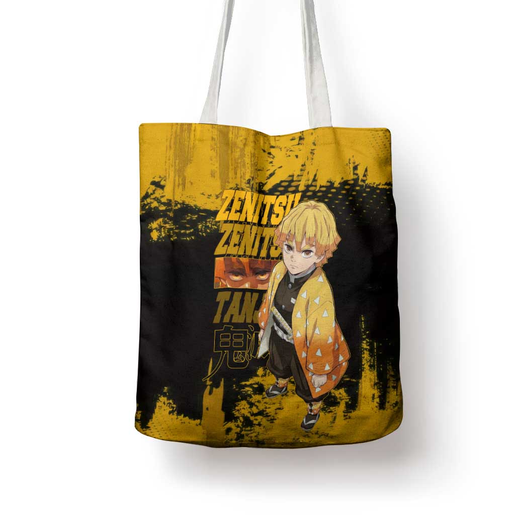 Zenitsu Agatsuma Demon Slayer Yellow Grunge Design Tote Bag with Lightning Eyes and Bold Pose - The Mazicc