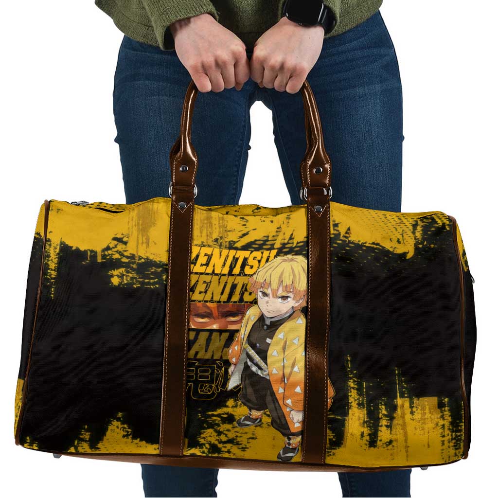 Zenitsu Agatsuma Demon Slayer Yellow Grunge Design Travel Bag with Lightning Eyes and Bold Pose - The Mazicc