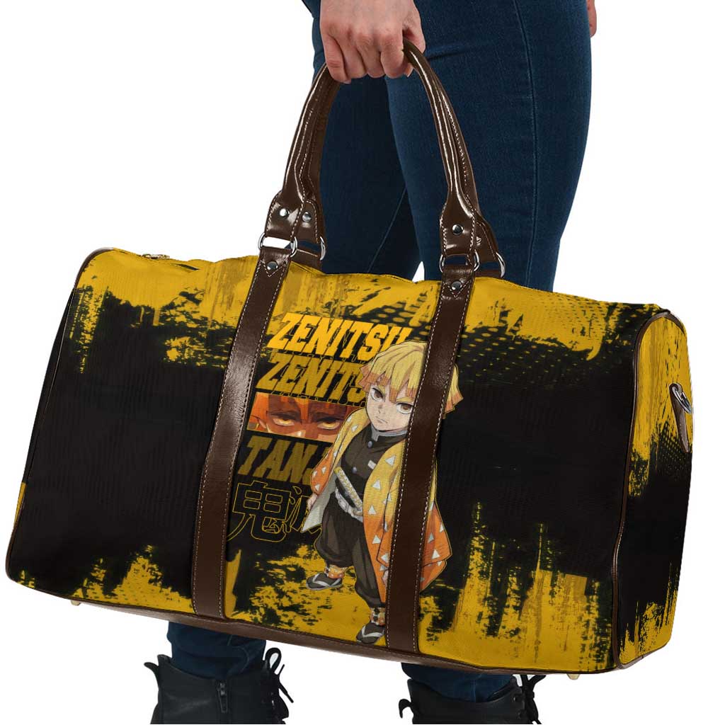 Zenitsu Agatsuma Demon Slayer Yellow Grunge Design Travel Bag with Lightning Eyes and Bold Pose - The Mazicc