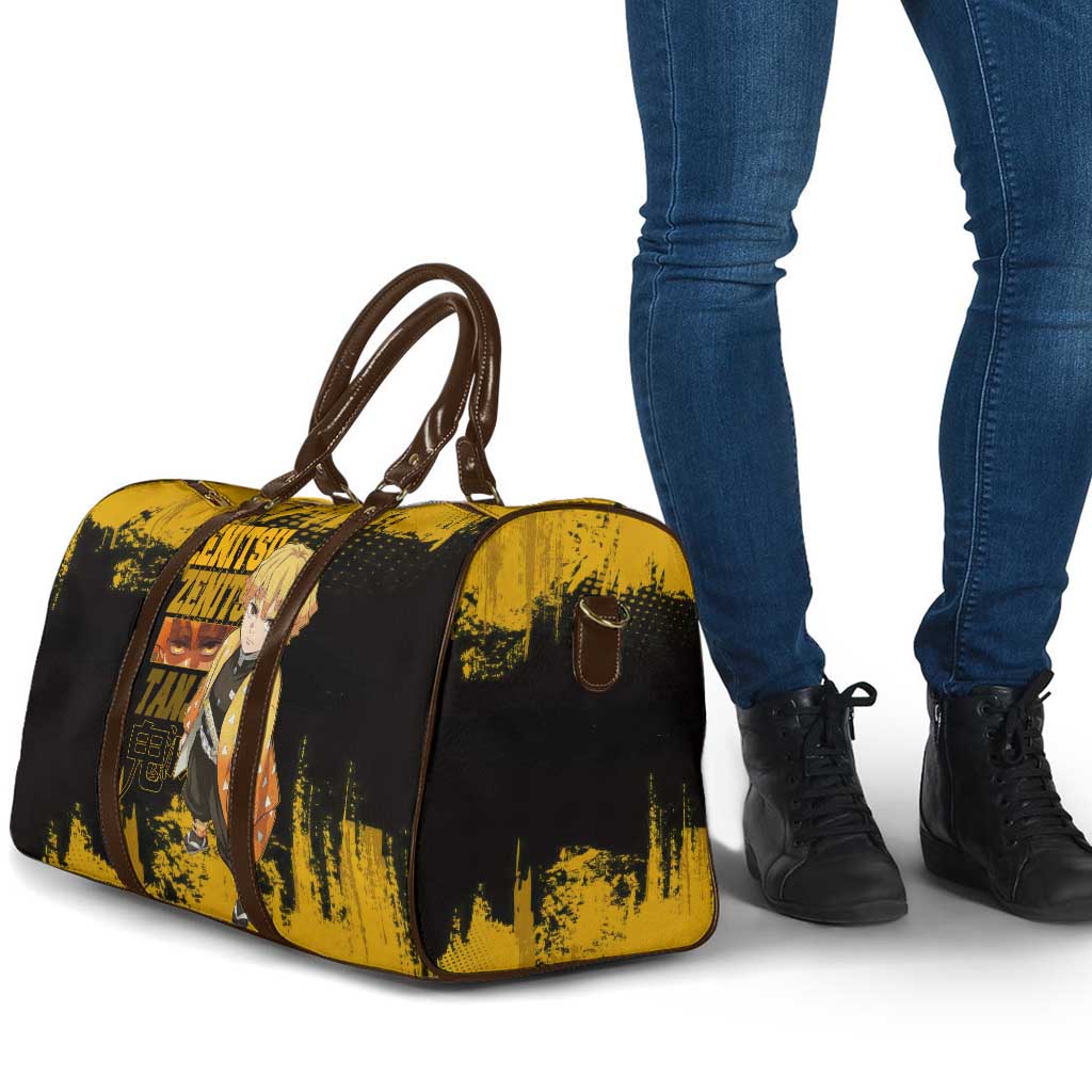 Zenitsu Agatsuma Demon Slayer Yellow Grunge Design Travel Bag with Lightning Eyes and Bold Pose - The Mazicc