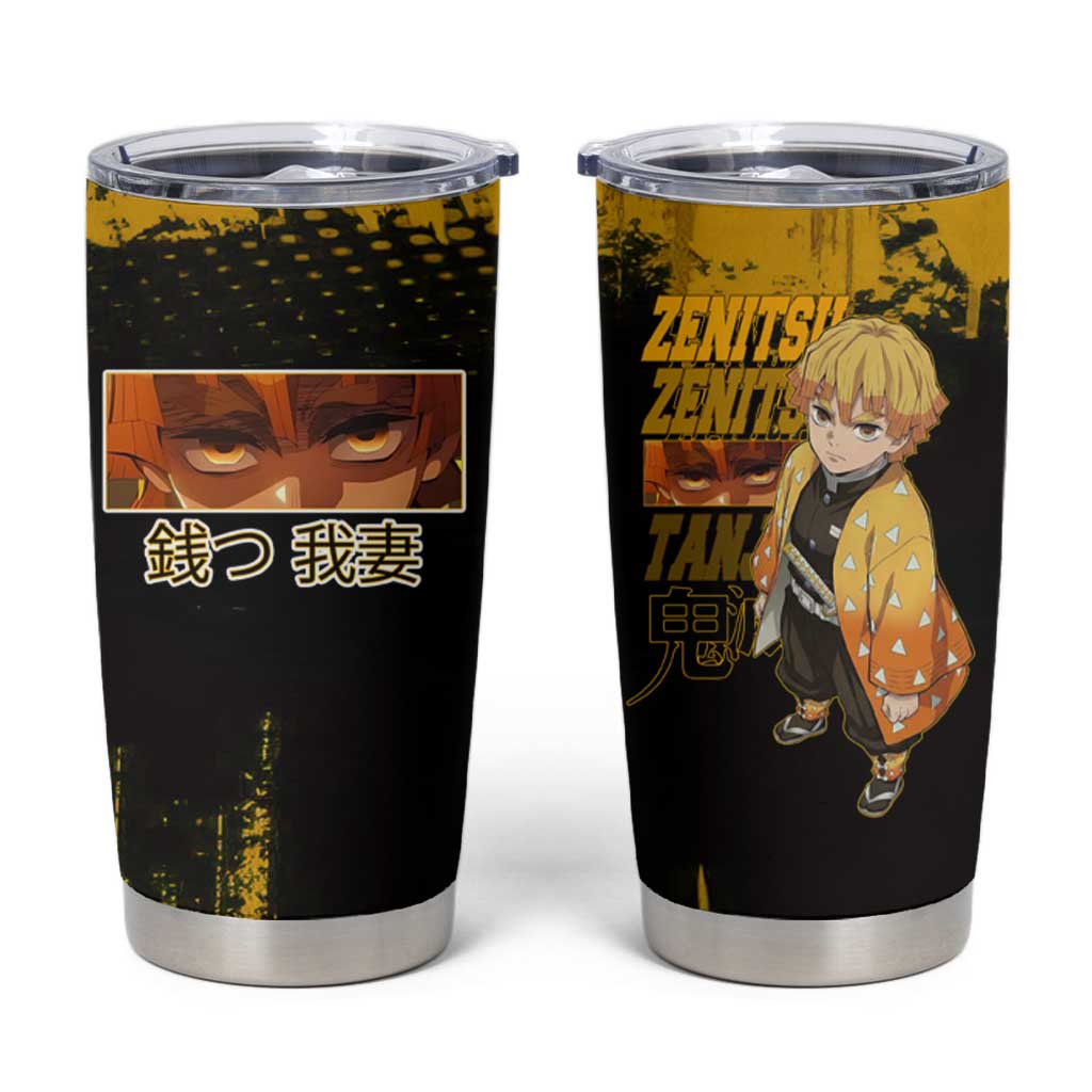Zenitsu Agatsuma Demon Slayer Yellow Grunge Design Tumbler Cup with Lightning Eyes and Bold Pose - The Mazicc