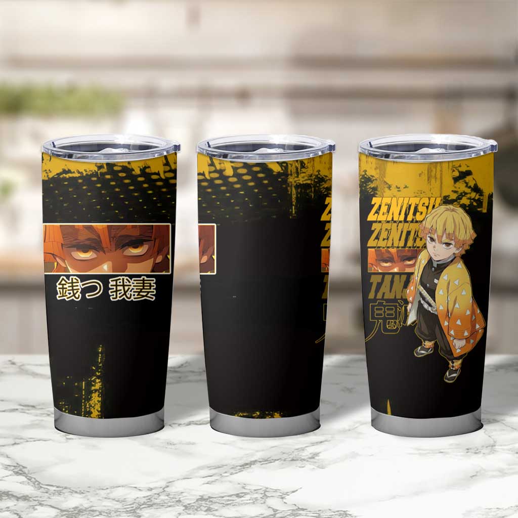 Zenitsu Agatsuma Demon Slayer Yellow Grunge Design Tumbler Cup with Lightning Eyes and Bold Pose - The Mazicc