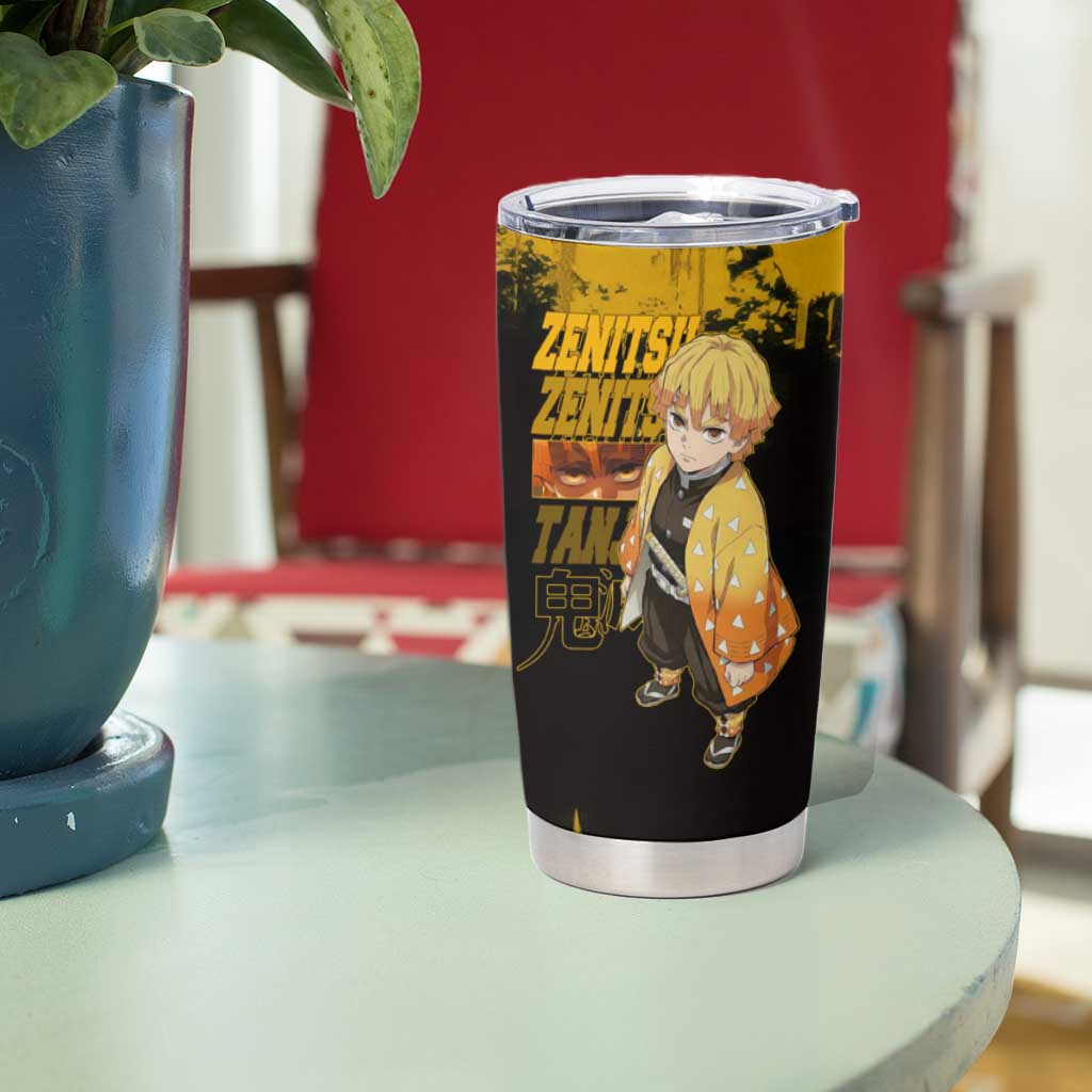 Zenitsu Agatsuma Demon Slayer Yellow Grunge Design Tumbler Cup with Lightning Eyes and Bold Pose - The Mazicc