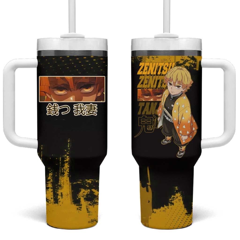 Zenitsu Agatsuma Demon Slayer Yellow Grunge Design Tumbler With Handle with Lightning Eyes and Bold Pose - The Mazicc