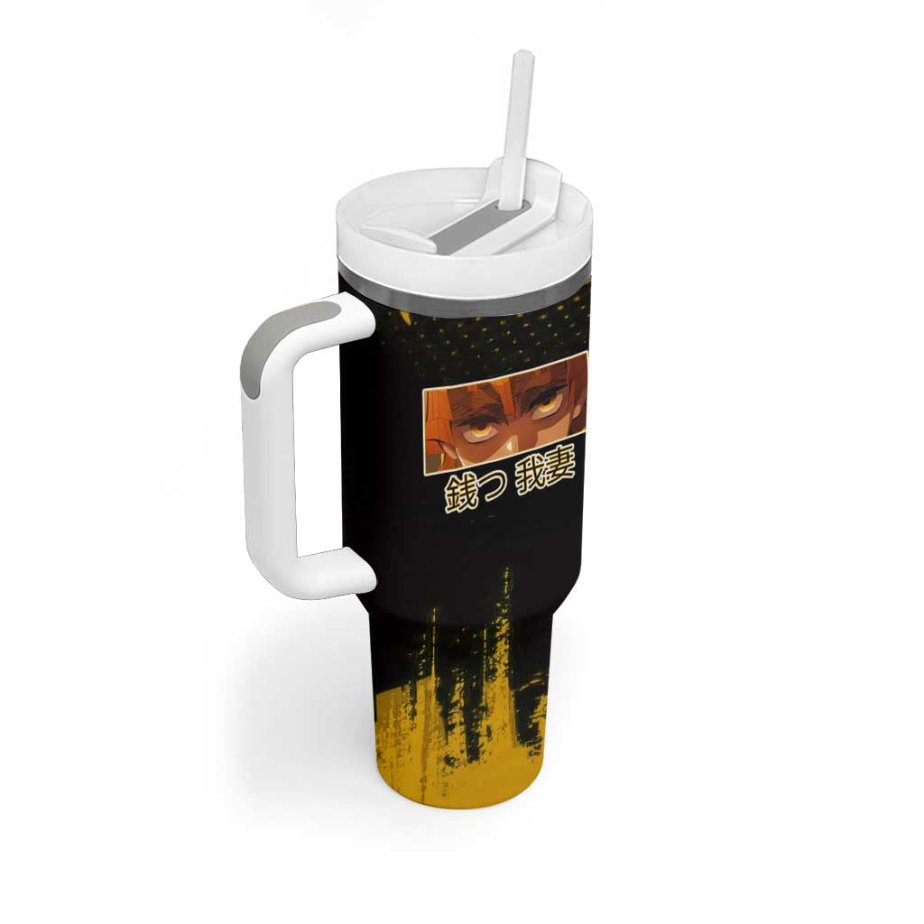 Zenitsu Agatsuma Demon Slayer Yellow Grunge Design Tumbler With Handle with Lightning Eyes and Bold Pose - The Mazicc