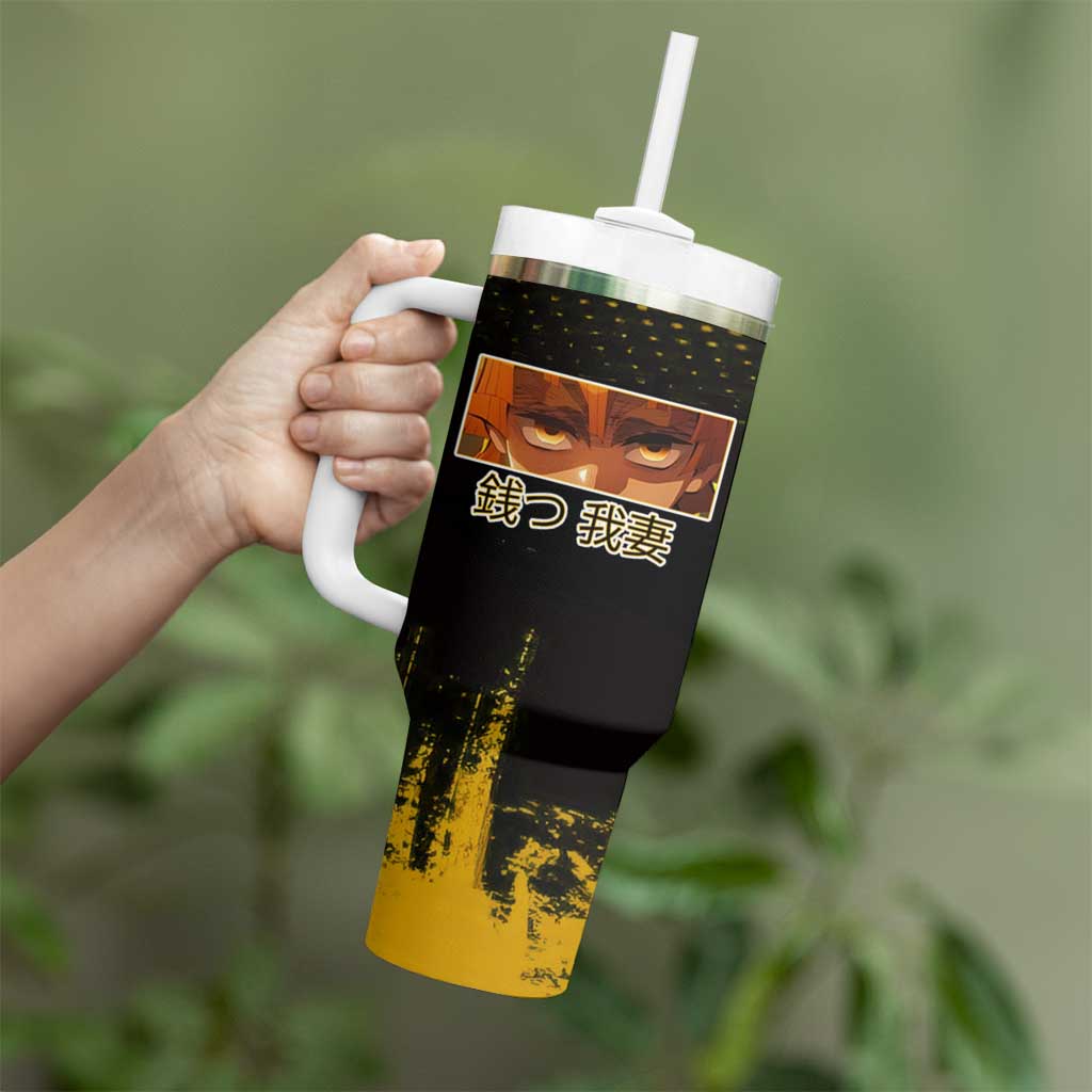 Zenitsu Agatsuma Demon Slayer Yellow Grunge Design Tumbler With Handle with Lightning Eyes and Bold Pose - The Mazicc