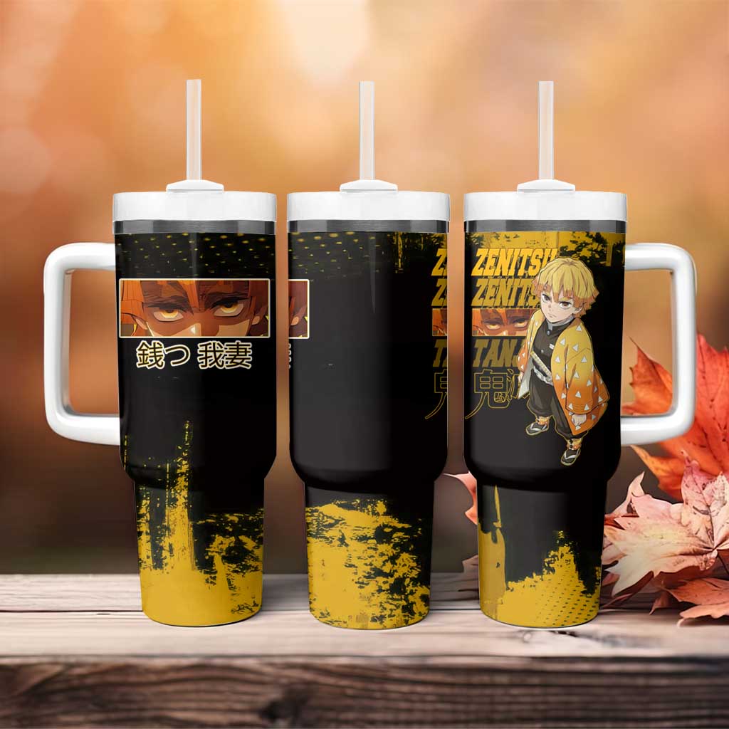 Zenitsu Agatsuma Demon Slayer Yellow Grunge Design Tumbler With Handle with Lightning Eyes and Bold Pose - The Mazicc