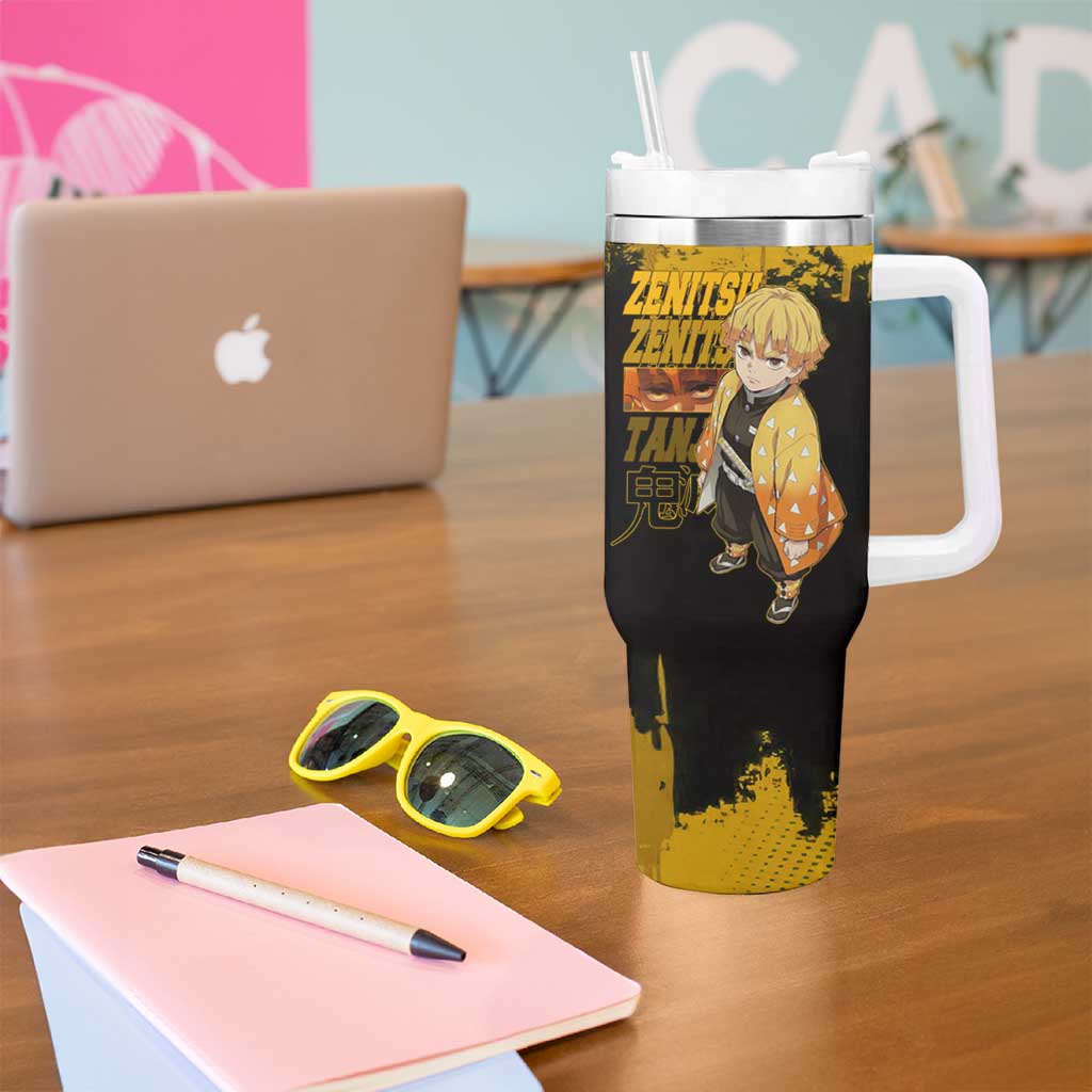 Zenitsu Agatsuma Demon Slayer Yellow Grunge Design Tumbler With Handle with Lightning Eyes and Bold Pose - The Mazicc