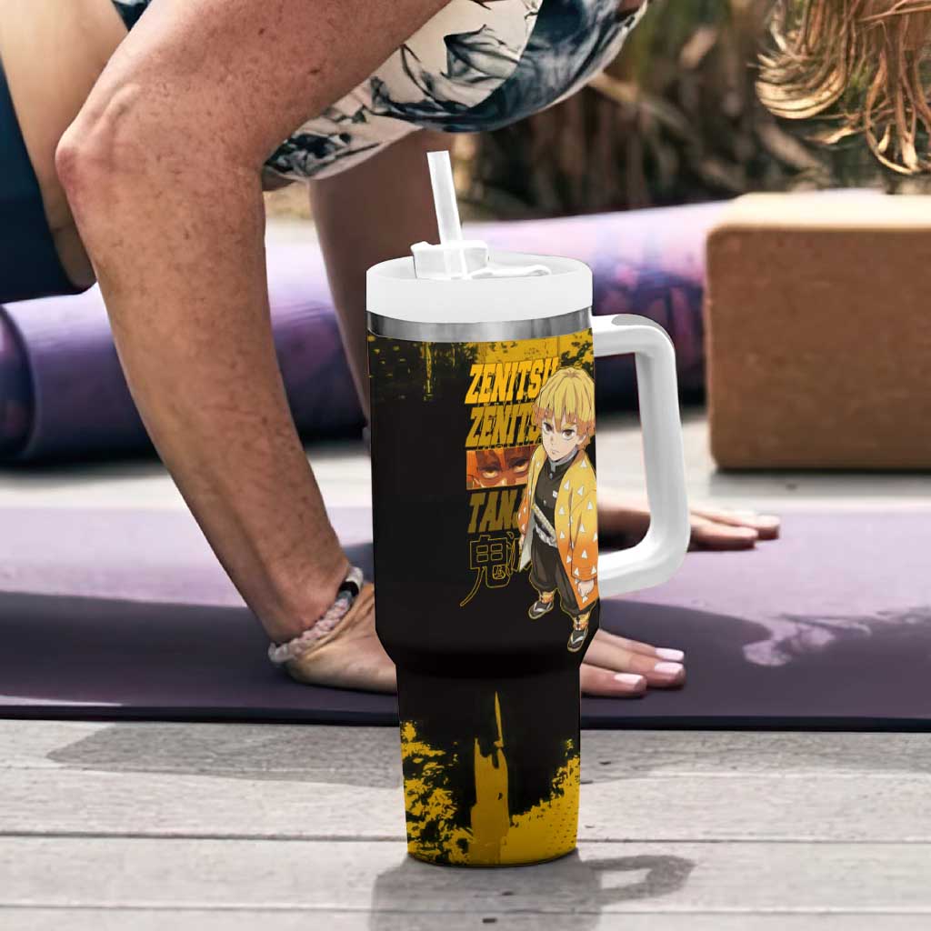 Zenitsu Agatsuma Demon Slayer Yellow Grunge Design Tumbler With Handle with Lightning Eyes and Bold Pose - The Mazicc