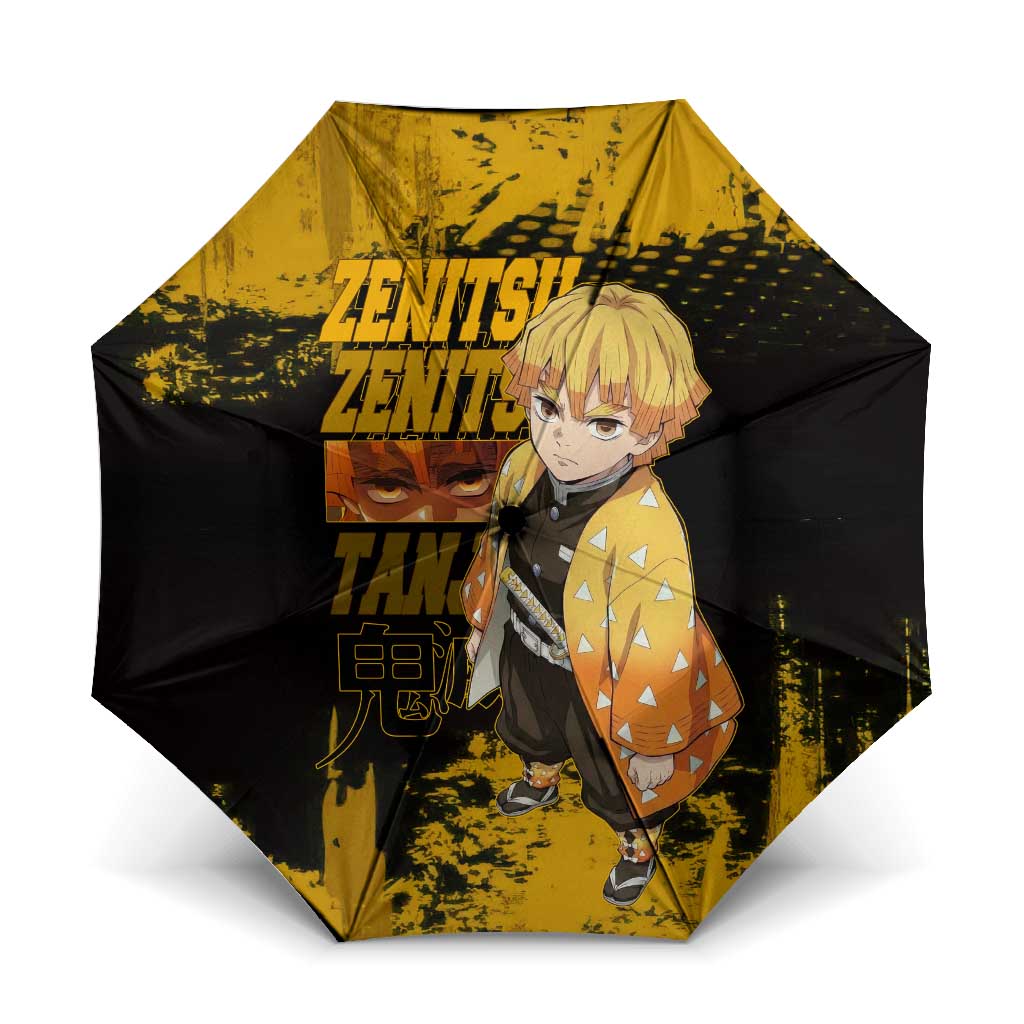 Zenitsu Agatsuma Demon Slayer Yellow Grunge Design Umbrella with Lightning Eyes and Bold Pose - The Mazicc