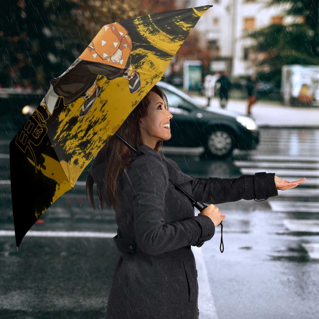 Zenitsu Agatsuma Demon Slayer Yellow Grunge Design Umbrella with Lightning Eyes and Bold Pose - The Mazicc