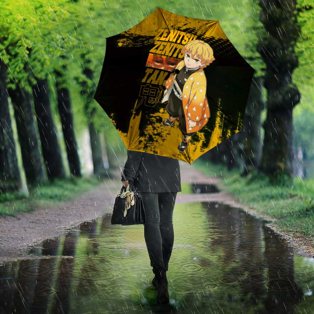 Zenitsu Agatsuma Demon Slayer Yellow Grunge Design Umbrella with Lightning Eyes and Bold Pose - The Mazicc