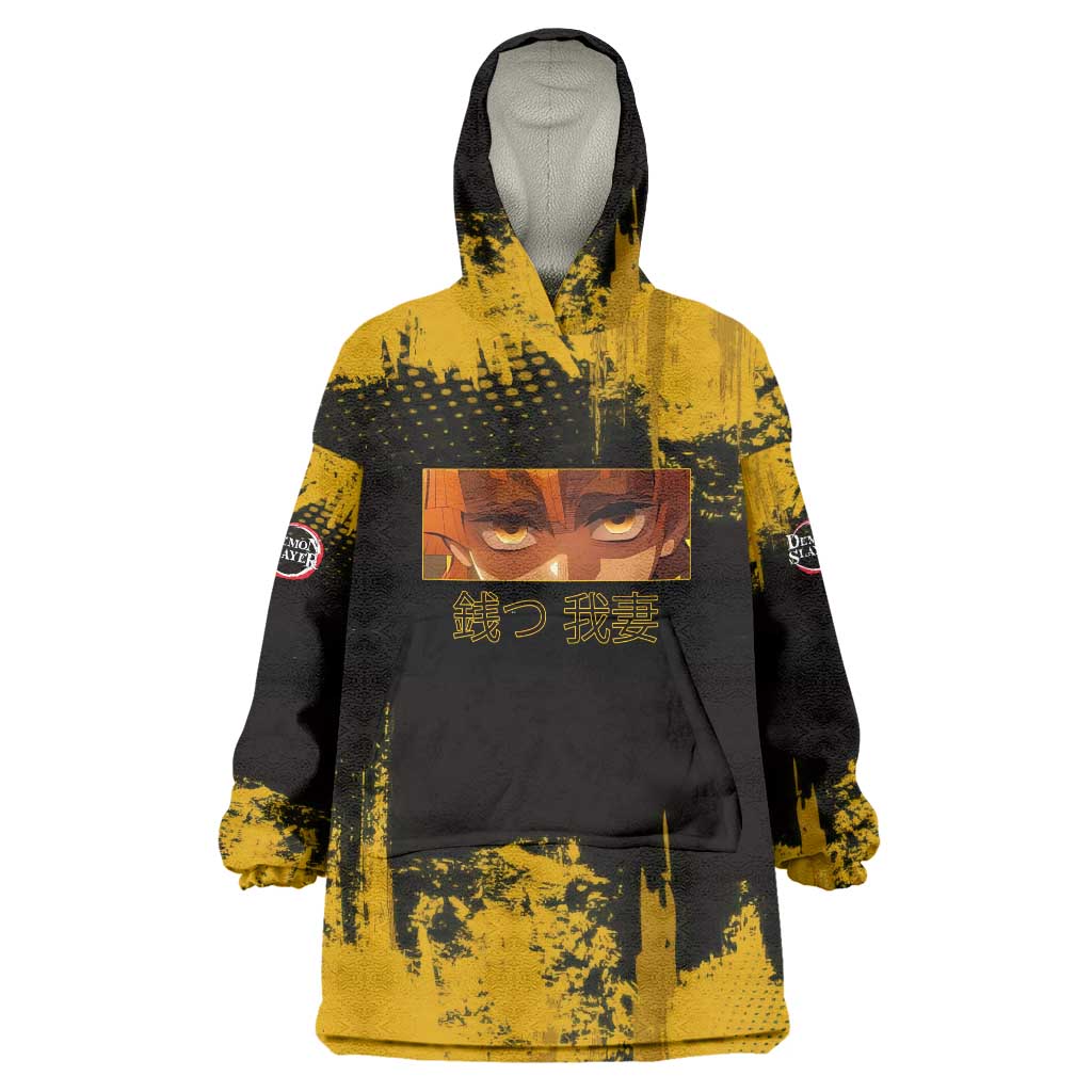 Zenitsu Agatsuma Demon Slayer Yellow Grunge Design Wearable Blanket Hoodie with Lightning Eyes and Bold Pose - The Mazicc