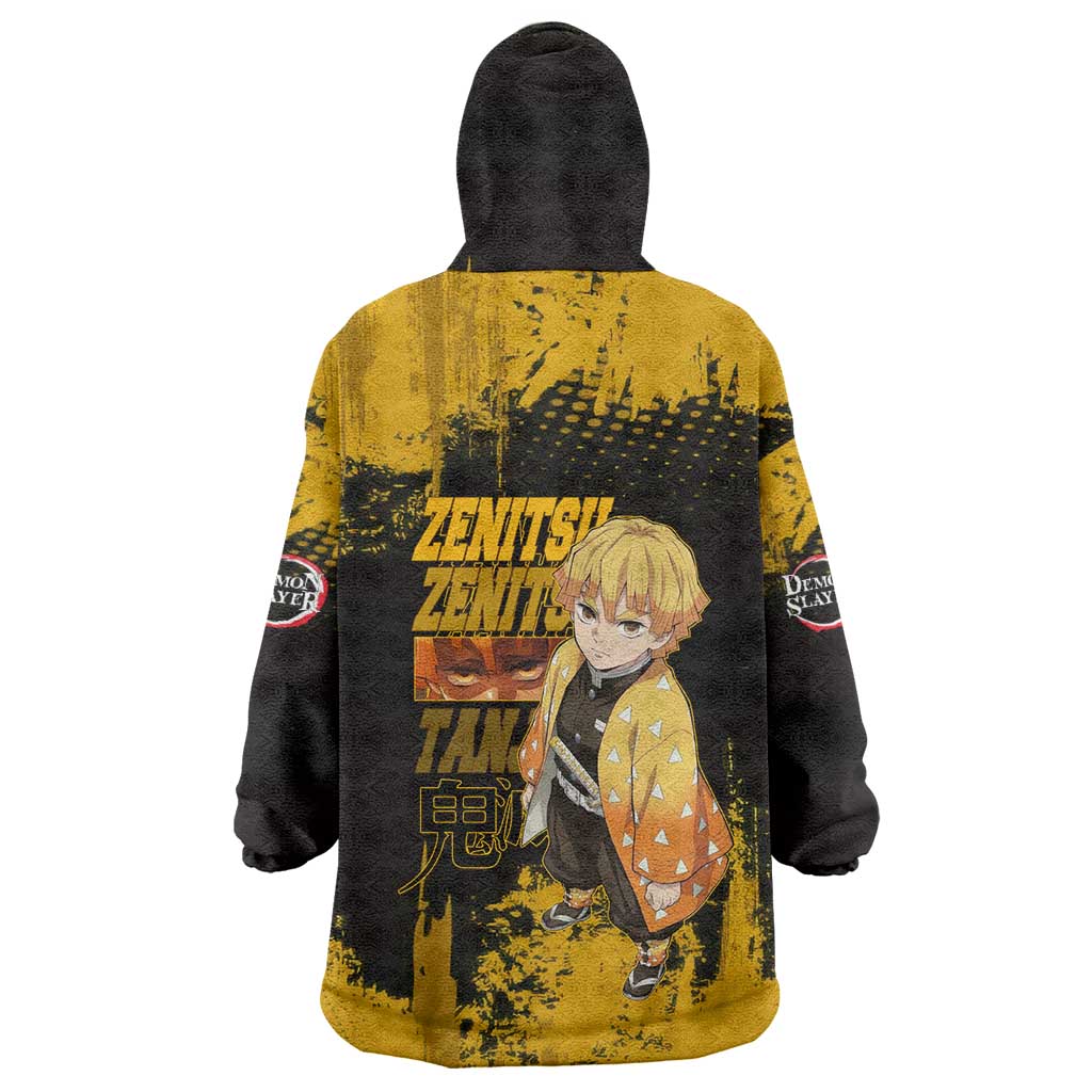 Zenitsu Agatsuma Demon Slayer Yellow Grunge Design Wearable Blanket Hoodie with Lightning Eyes and Bold Pose - The Mazicc