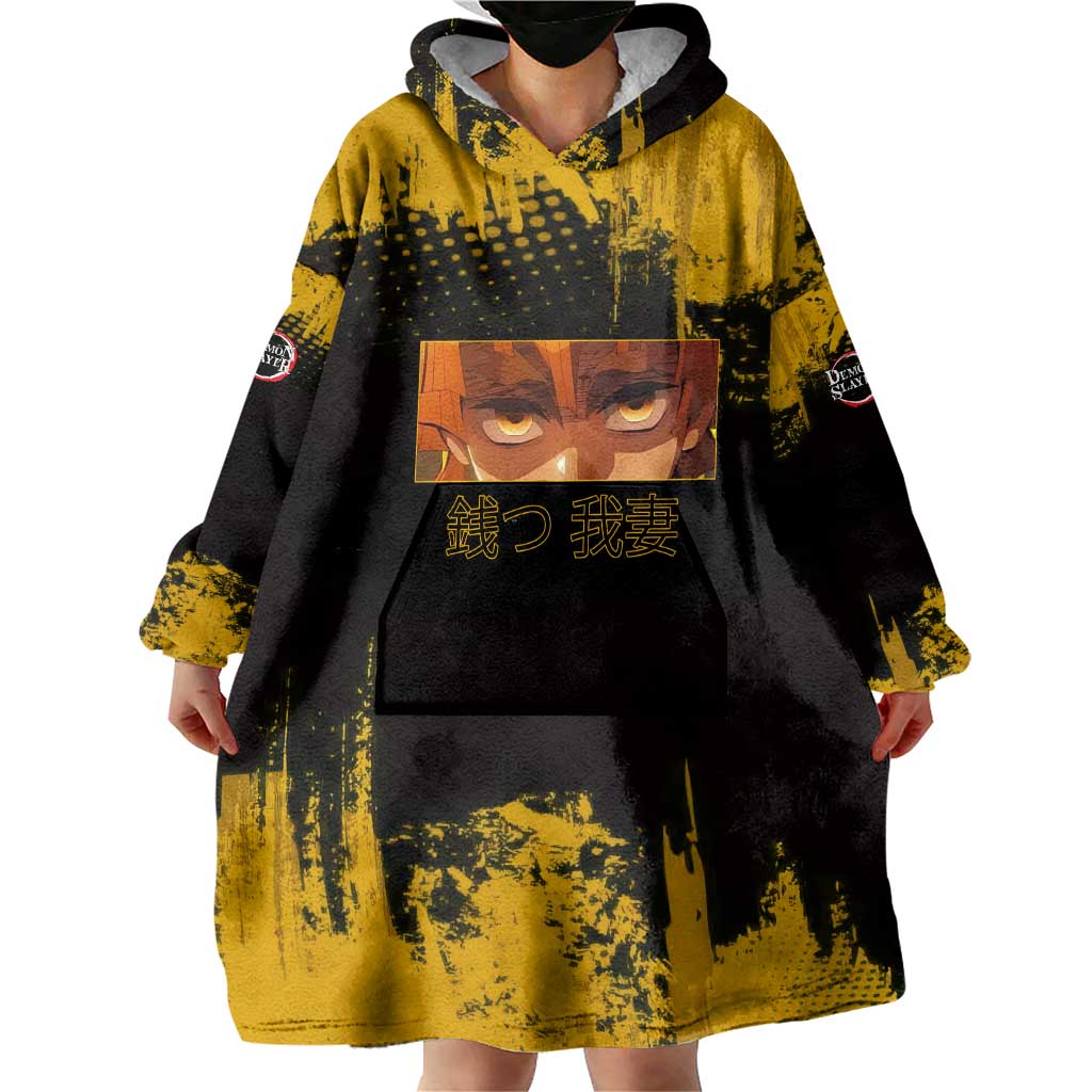 Zenitsu Agatsuma Demon Slayer Yellow Grunge Design Wearable Blanket Hoodie with Lightning Eyes and Bold Pose - The Mazicc
