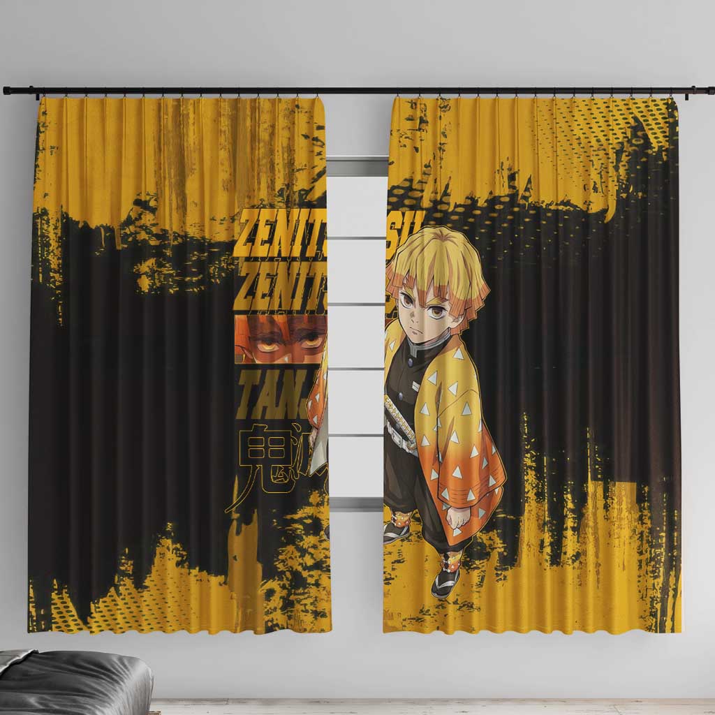 Zenitsu Agatsuma Demon Slayer Yellow Grunge Design Window Curtain with Lightning Eyes and Bold Pose - The Mazicc