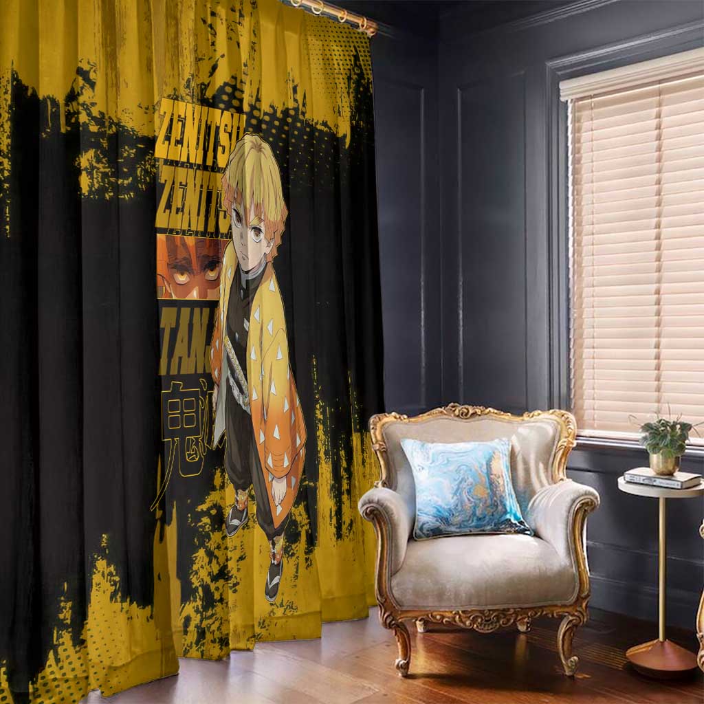 Zenitsu Agatsuma Demon Slayer Yellow Grunge Design Window Curtain with Lightning Eyes and Bold Pose - The Mazicc