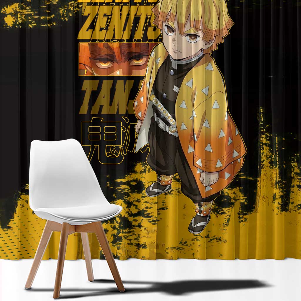 Zenitsu Agatsuma Demon Slayer Yellow Grunge Design Window Curtain with Lightning Eyes and Bold Pose - The Mazicc